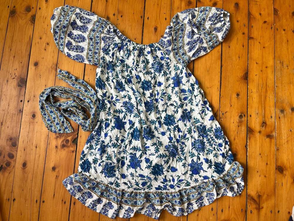 Nicole Miller Blue and White Floral Off-the-Shoulder Puff Sleeve Ruffle Dress - Picture 7 of 7